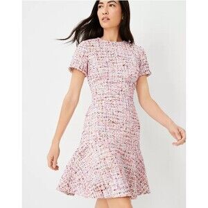 ANN TAYLOR Multicolored Tweed Flounce Dress Sz 8 Knee Length Spring Office Siren